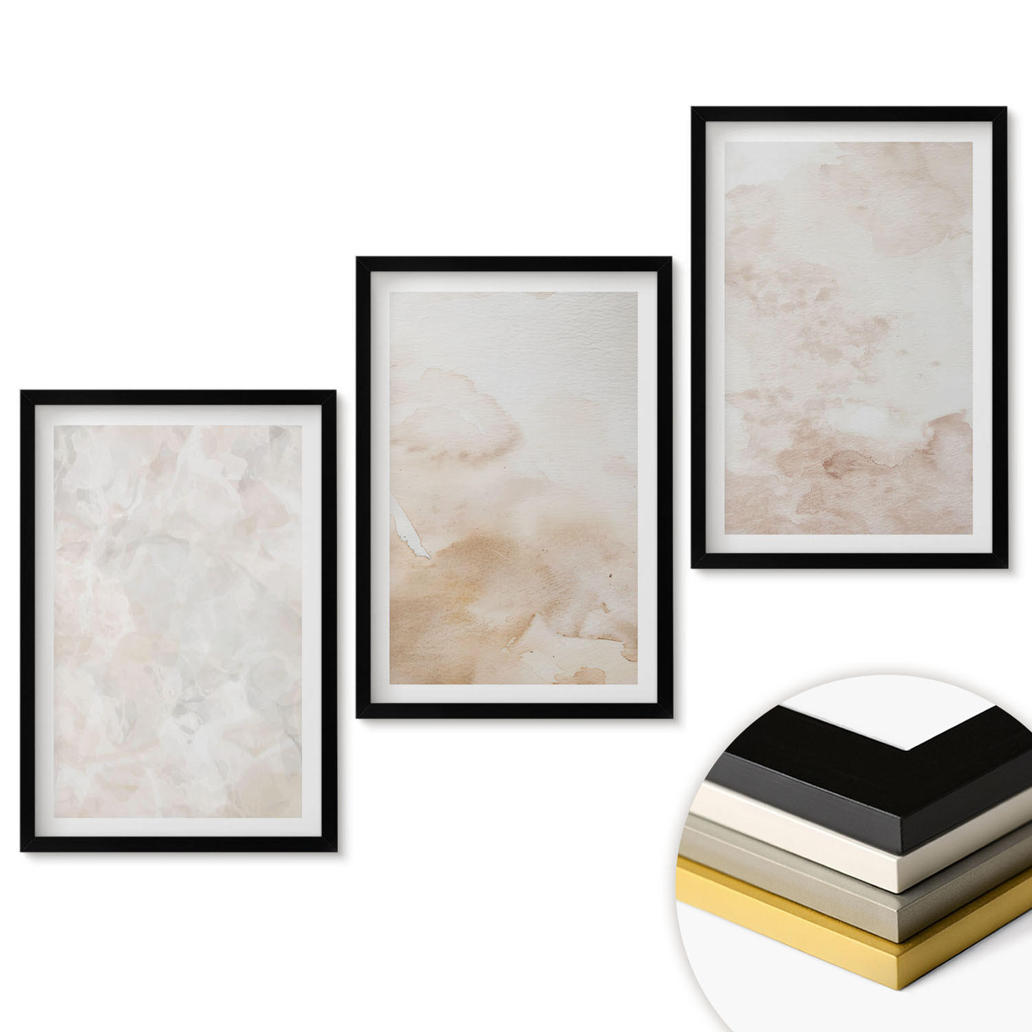 WANDBILDER 3er-Set - 40x60 cm Schwarzer Rahmen - Modische Pastelltexturen - Schwarz, Kunststoff (40/60cm) - ArtPrintCave