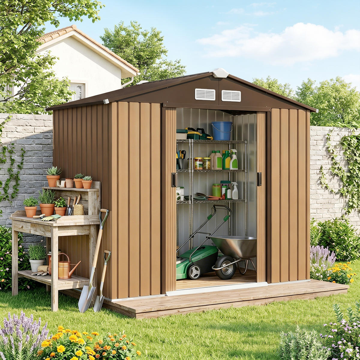 GERÄTEHAUS mit Bodenrahmen Gartenhaus Geräteschuppen Gartenschrank Stahl Gelb - Gelb, Metall (130/185/213cm) - Outsunny
