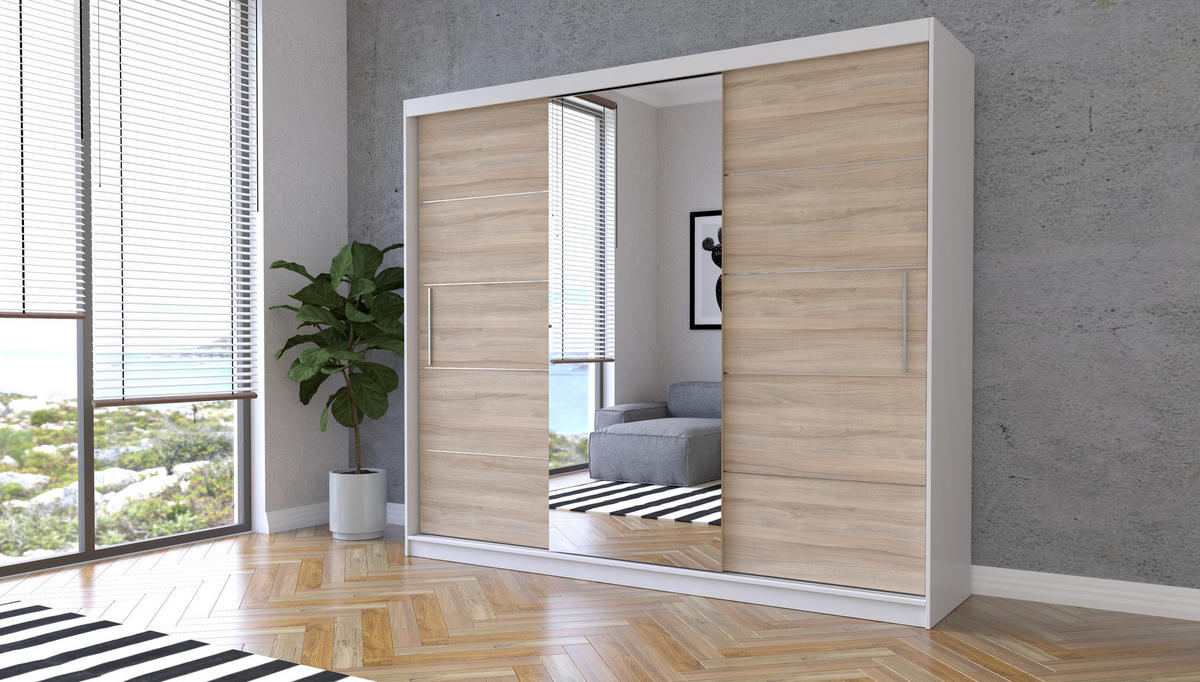 SCHIEBETÜRENSCHRANK - ELBA I Weiß + Sonoma - Weiß/Sonoma Eiche, Holzwerkstoff/Metall (250/218/61cm) - Möblo