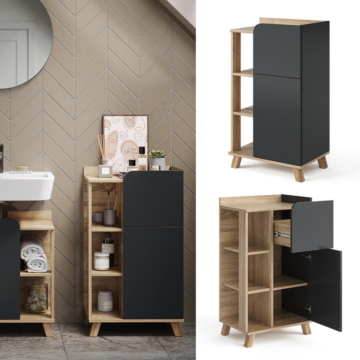 UNTERSCHRANK Karen Anthrazit 50 x 90 cm mit Tür und Schublade - Anthrazit/Sonoma Eiche, Holzwerkstoff (50/90/35cm) - Vicco