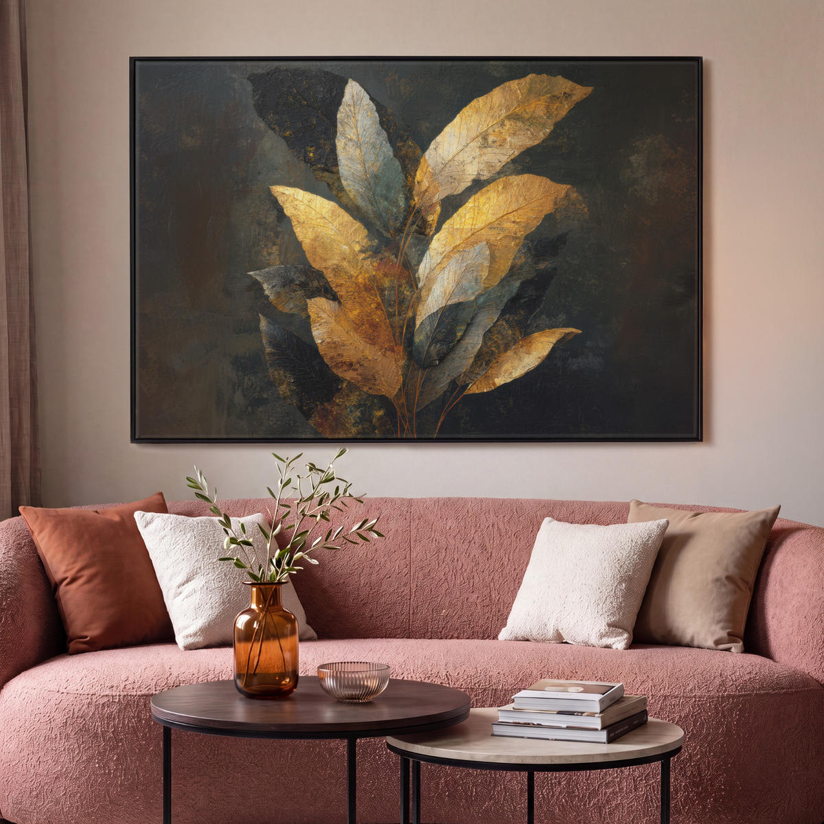 LEINWAND Bilder mit Rahmen - Golden Leaf Komposition - Botanical Luxury - 150x100 - Goldfarben, Textil (150/100cm) - MuchoWow