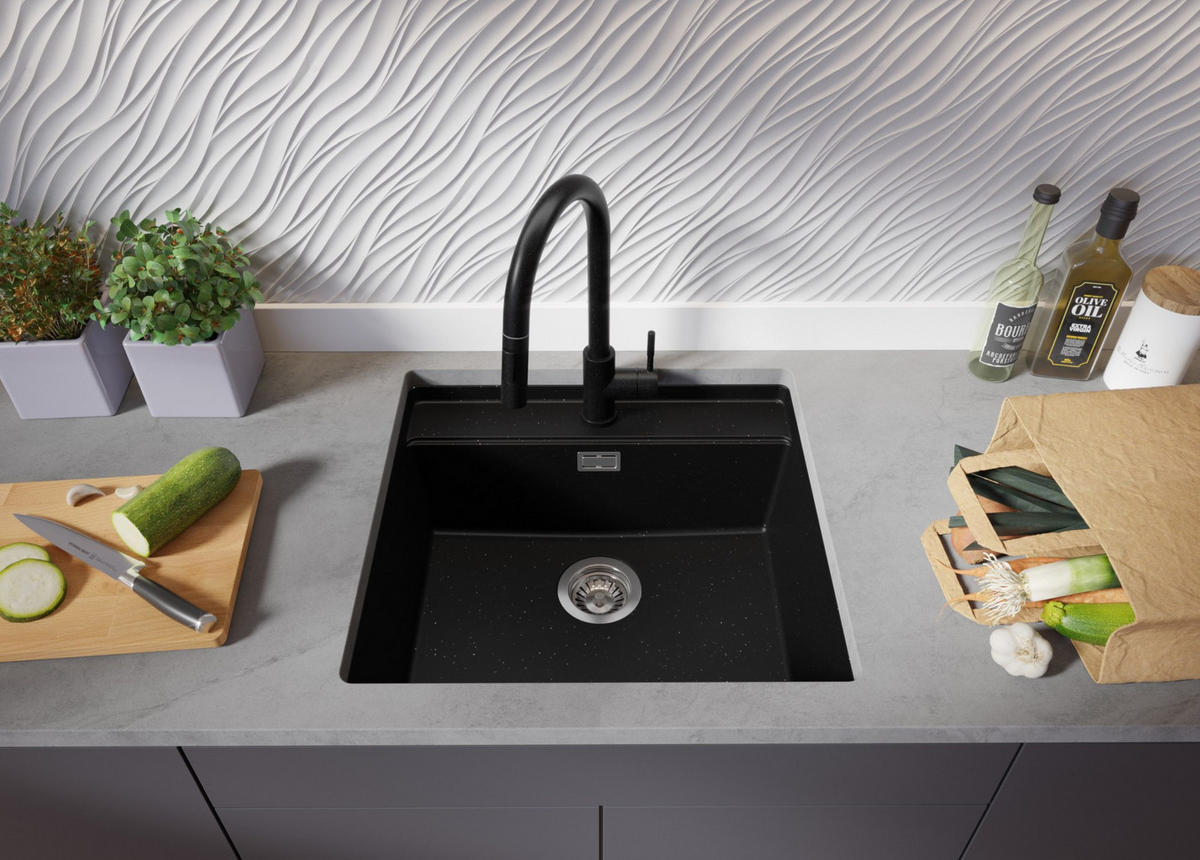 UNTERBAUSPÜLE GRANIT Bergen, 2-er set Schwarz Metallic 56/53 cm 1 Becken + Ablauf-Set + Schneidebrett ab 60er Unterschrank - Chromfarben/Schwarz Hochglanz, Kunststoff (56/20/53cm) - Primagran