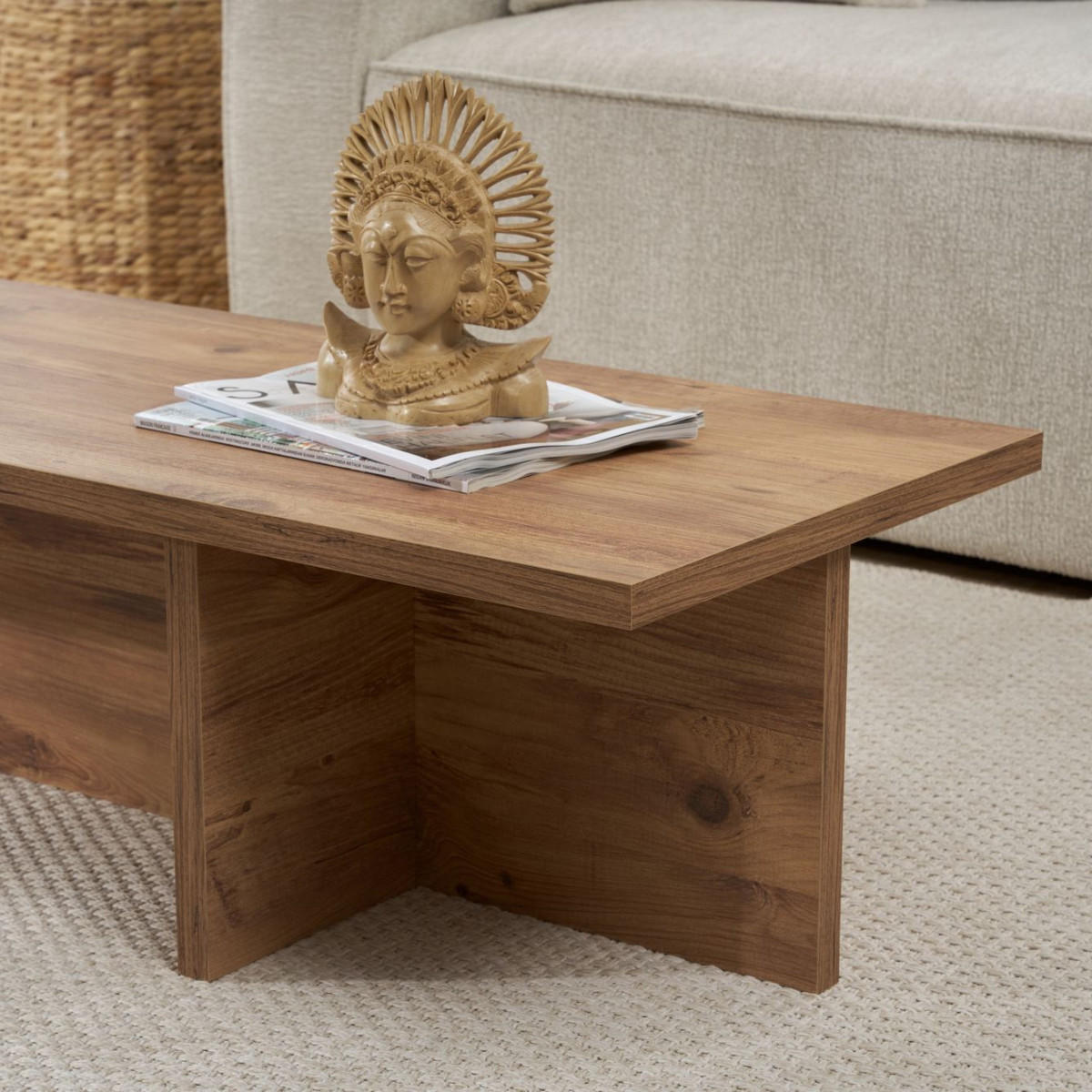 COUCHTISCH mit rechteckiger Platte und asymmetrischem Fuß L120 cm - HARBOR - Eichefarben, Holzwerkstoff (50/45/30cm) - Calicosy