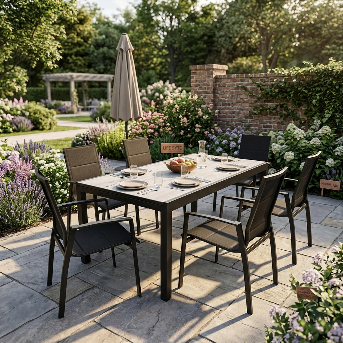 GARTEN-GARNITUR Ashford - 7-teilige Garten-Essgruppe (6x Stapelsessel mit Armlehnen, 1x Ausziehtisch 180/240x100cm), Gestell Aluminium - Schwarz, Metall - TPFGarden