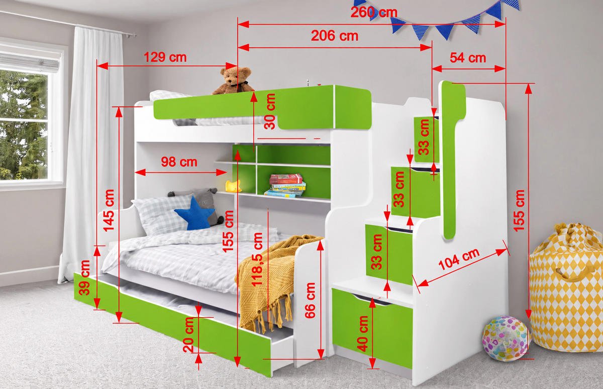 ETAGENBETT HARRY 260x129 cm – Stockbett für 2 Personen mit Treppe, Stauraum und 2 Matratzen - Rosa, Holz (120/200cm) - Wohnideebilder