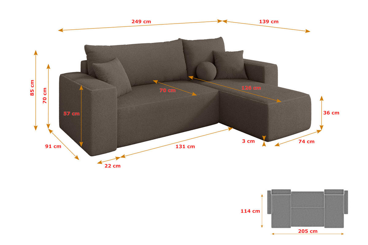 ROHOVÁ SEDAČKA s funkcí spaní, otoman vpravo SENO-L 249x139x85 hnědá bouclé - černá/hnědá, kompozitní dřevo/textil (249/139cm) - ALTDECOR