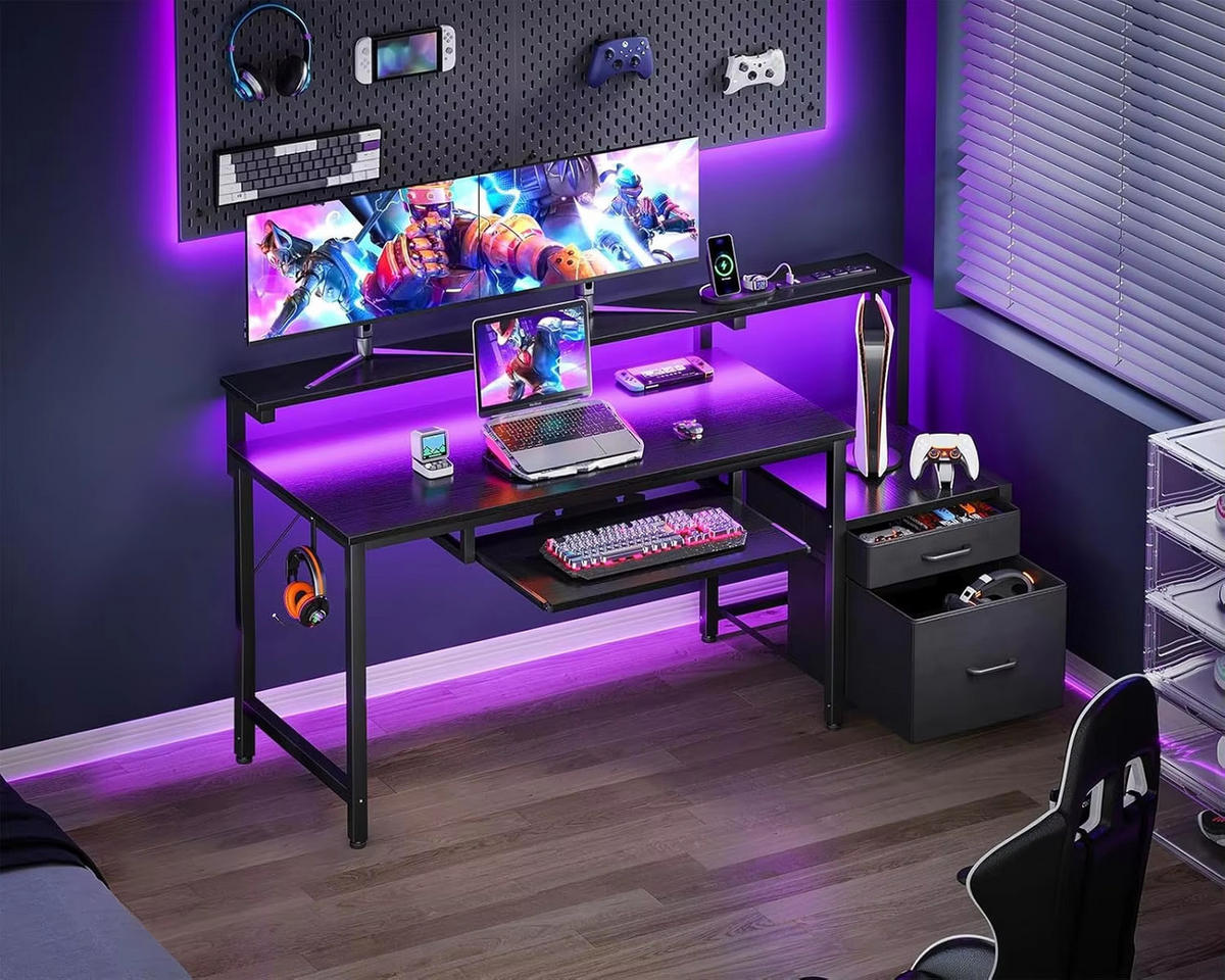 COMPUTERTISCH mit LED 140×48 cm Schwarz - Schwarz, Holz (140/48/75.7cm) - Kaket