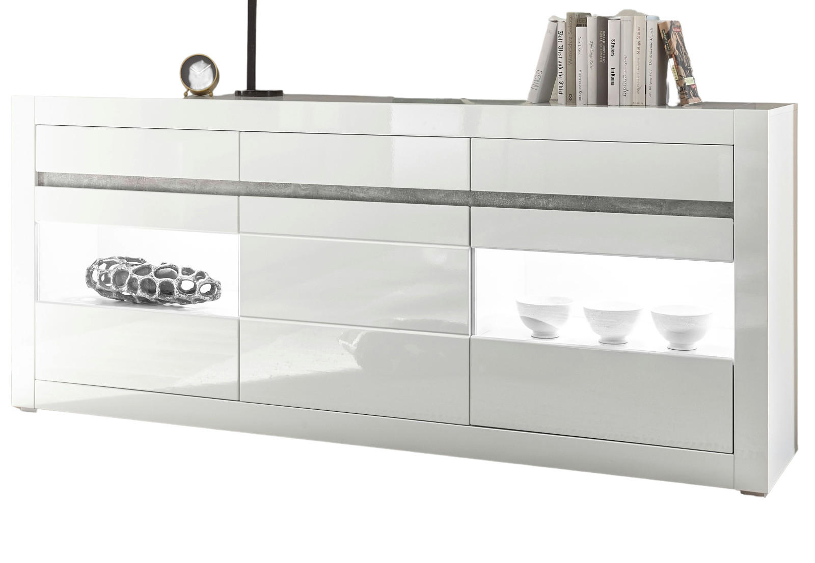 SIDEBOARD Hochglanz weiß, mit weiß oder grau, große Kommode 217 x 90 cm, Soft-Close - Weiß Hochglanz/Weiß, Glas/Holzwerkstoff (217/90/42cm) - Furn.Design