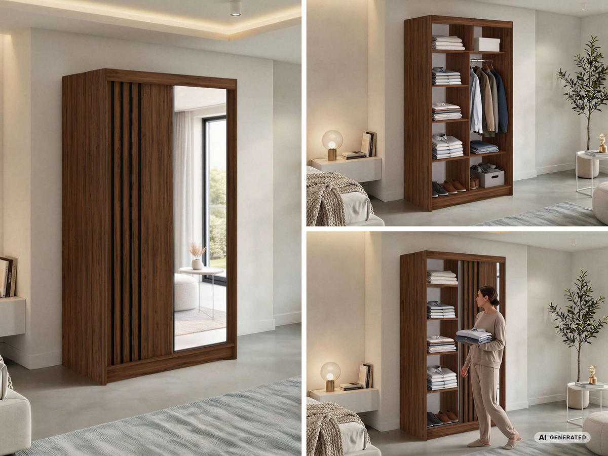 SCHWEBETÜRENSCHRANK mit Lamellen, Spiegel und Schubladen DIANA - 120 - Warmia Walnuss und Schwarz - Walnussfarben/Schwarz, Holzwerkstoff/Metall (120/216/61cm) - MKS