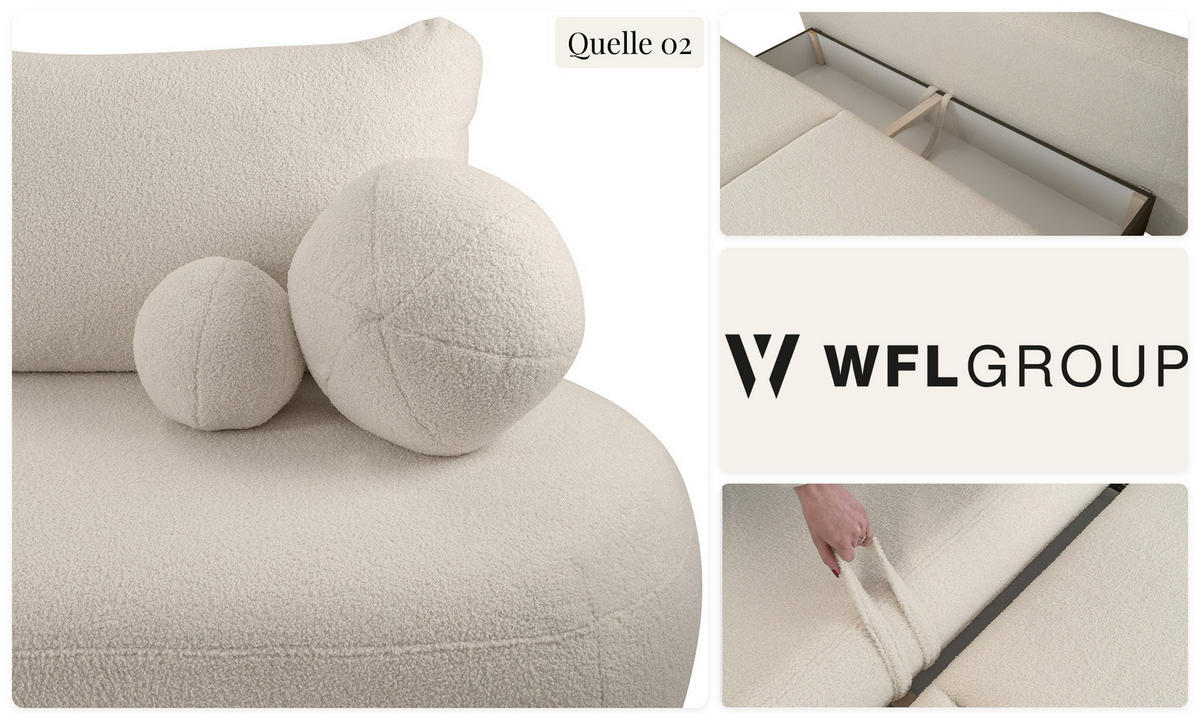 SCHLAFSOFA Bolla 3-Sitzer mit Bettkasten, Elfenbein Weiß Boucle 240/90/90 cm - Schwarz/Weiß, Kunststoff/Textil (240/90/90cm) - WFL GROUP