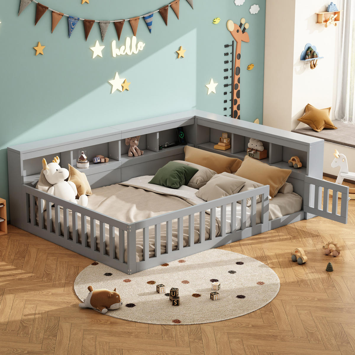 DENNÍ postel 140/190 cm s roštem, USB, zásuvkou, úložným prostorem a zábranou z dřevotřísky a MDF, Šedá - šedá, kompozitní dřevo (140/190cm) - Redom