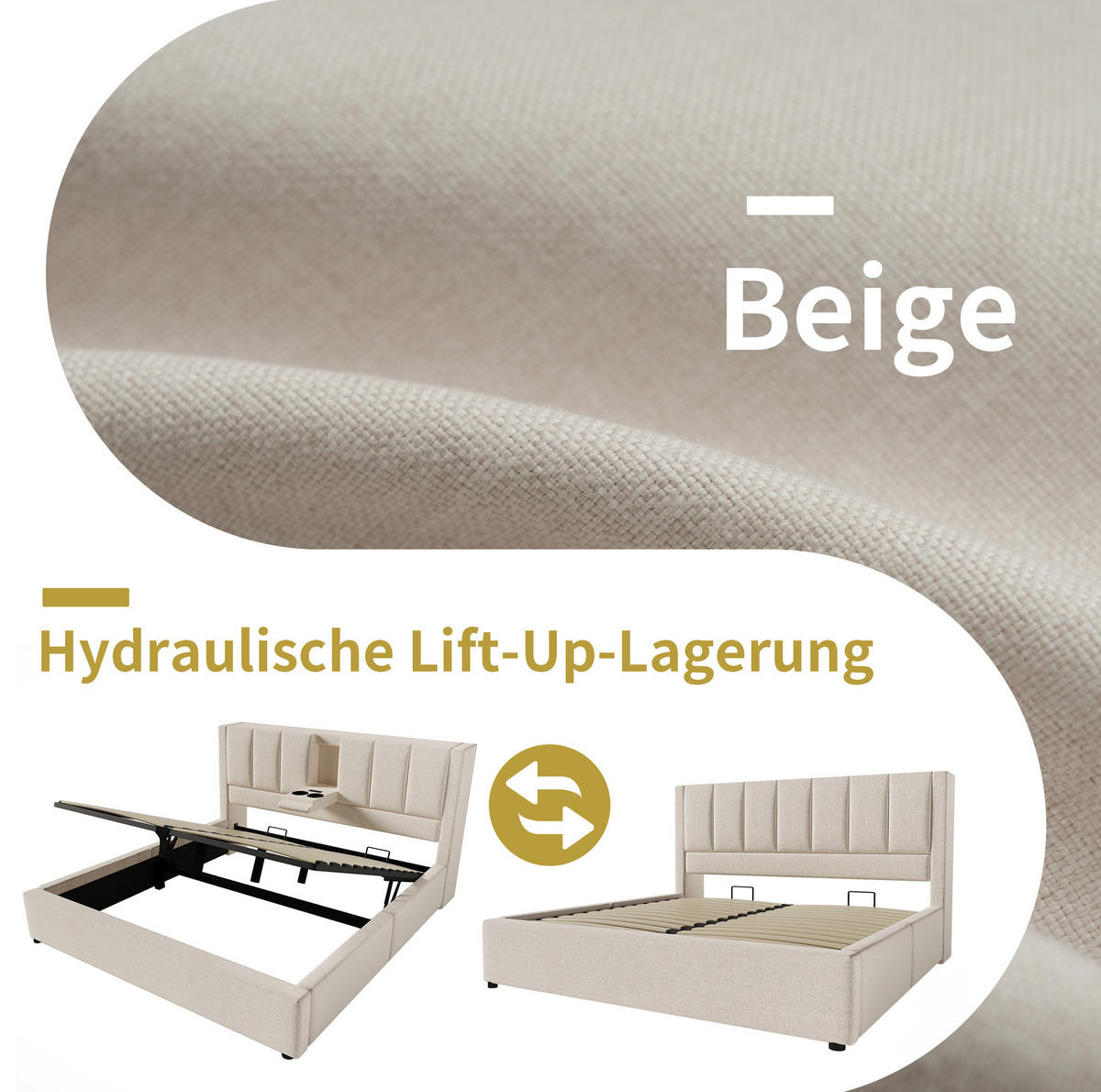 POLSTERBETT 160/200 cm Beige mit hydraulischem Bettkasten und USB- und Type-C-Anschlüssen aus Leinen - Beige, Textil (160/200cm) - OKWISH