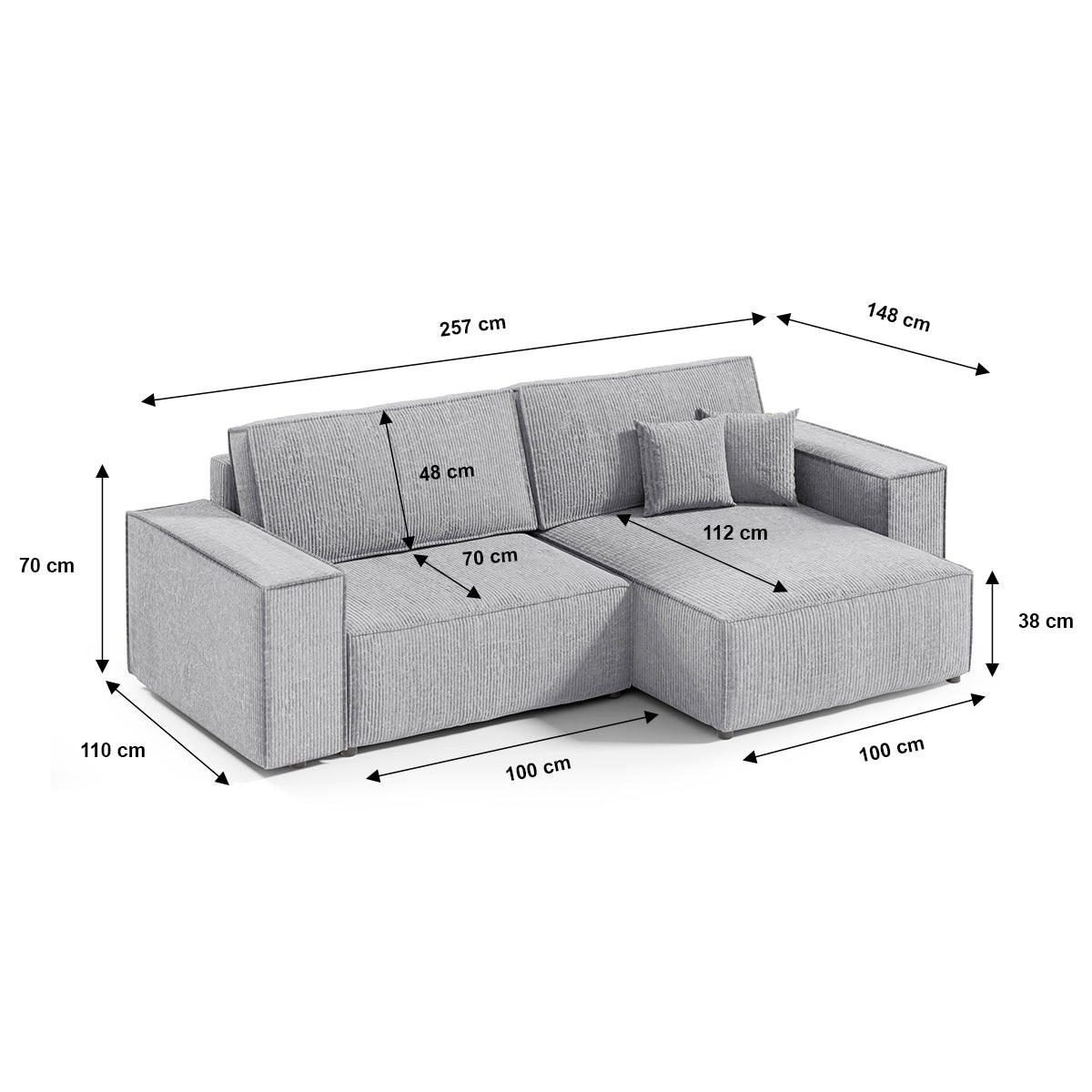 ECKSOFA Isaac 3 Sitzplätze Hellgrau - Grau, Holz (257/148cm) - Petits-meubles