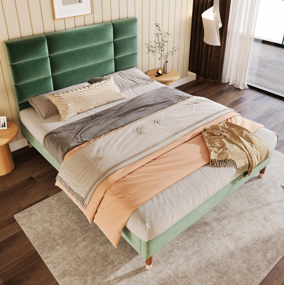 POLSTERBETT 140/200 cm Grün aus Samt mit Lattenrost - Grün, Textil (140/200cm) - OKMYHOME