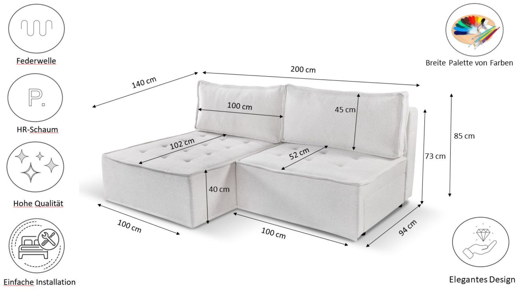 ECKSOFA Bohoo Mini Modernes Mit Schlaffunktion Ecru Rechts - Creme, Holz (200/140cm) - Kaiser Möbel