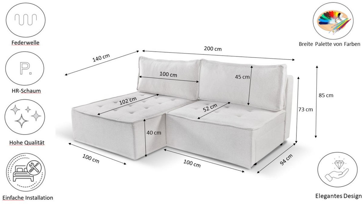 ECKSOFA Bohoo Mini Modernes Mit Schlaffunktion Ecru Links - Creme, Holz (140/200cm) - Kaiser Möbel