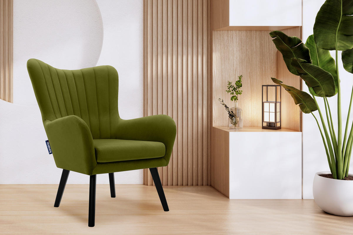 OHRENSESSEL GADI Velourstoff, Olive - Schwarz/Olivgrün, Holz/Textil (76/100/78cm) - KONSIMO®