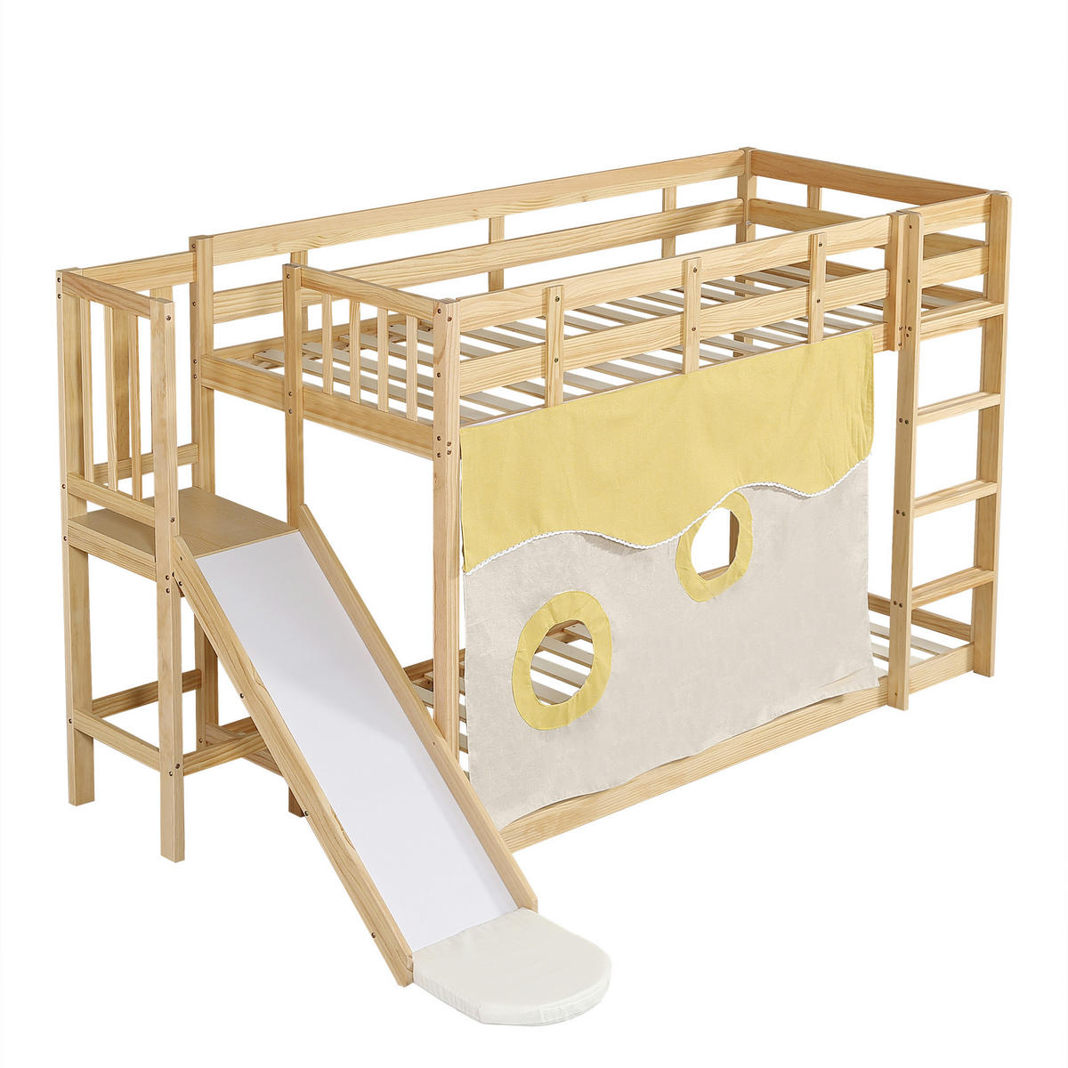 ETAGENBETT 90/200 cm Natürlich mit Bettvorhang und Rutsche - Naturfarben, Holz (90/200cm) - Oxeza