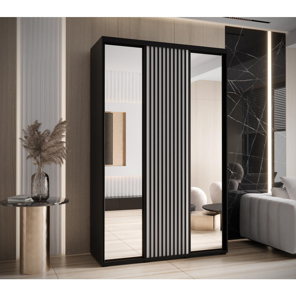Thumbnail - Abiks Möbel Schwebetürenschrank, Schwarz, Weiß, Schwarz, Metall, Nachbildung, 6 Fächer, 160x205.2x60 cm, Schlafzimmer, K...