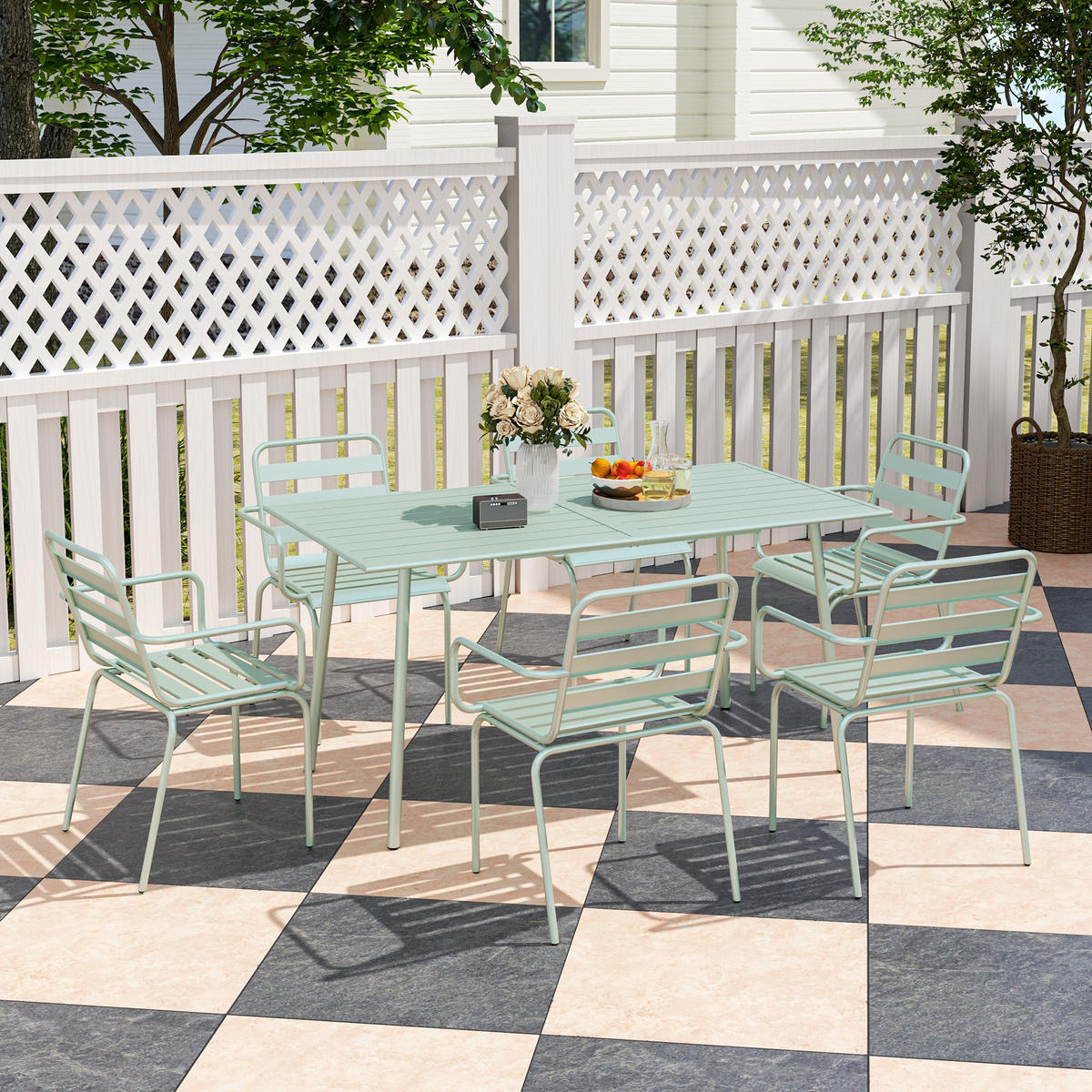 GARTENTISCHGRUPPE DE-18097 7-teilig, stapelbar Hellgrün - Grün, Metall - ComfortXL
