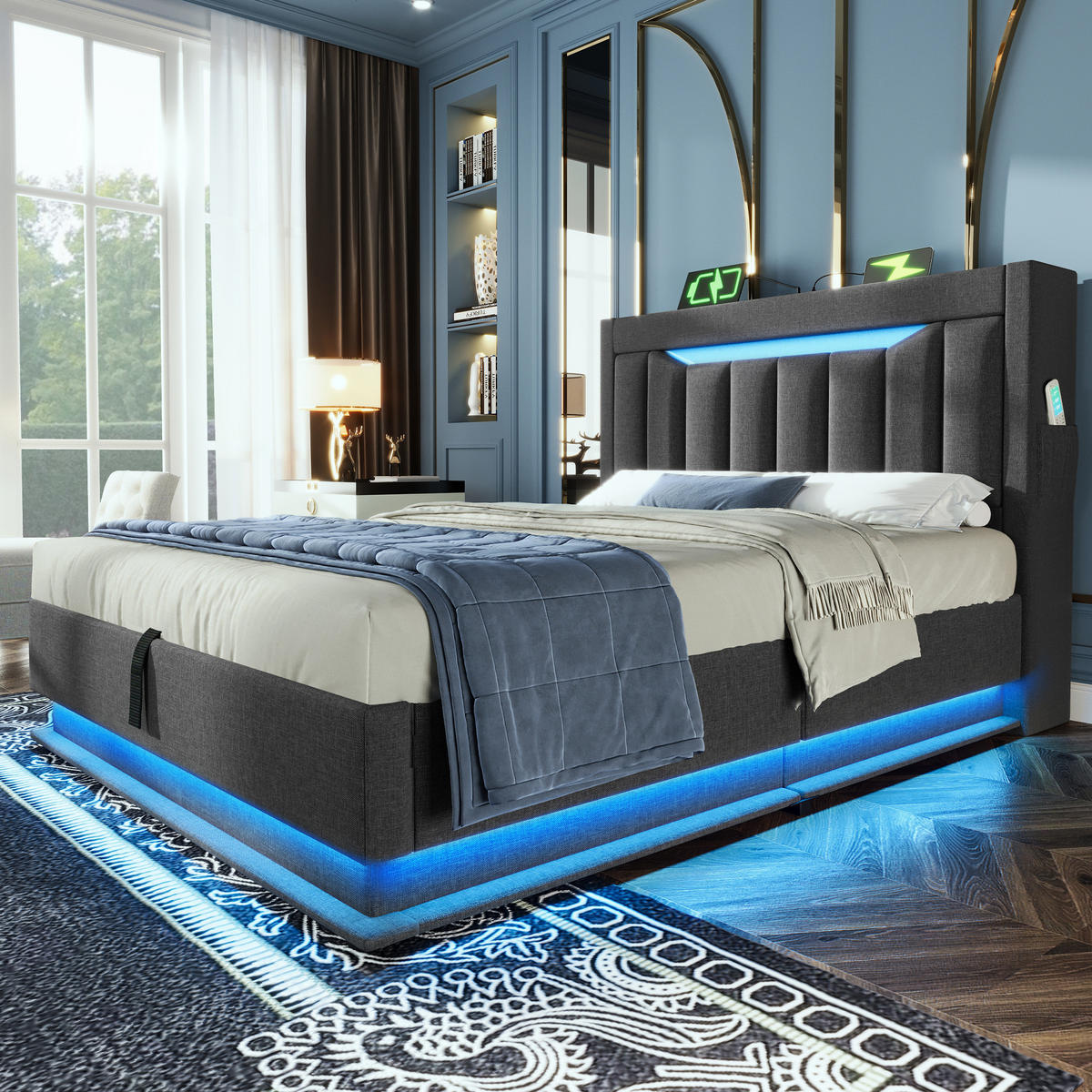 ČALOUNĚNÁ postel 90/200 cm z lnu, šedá, s LED osvětlením a úložným prostorem - šedá, textil (90/200cm) - BEAOK