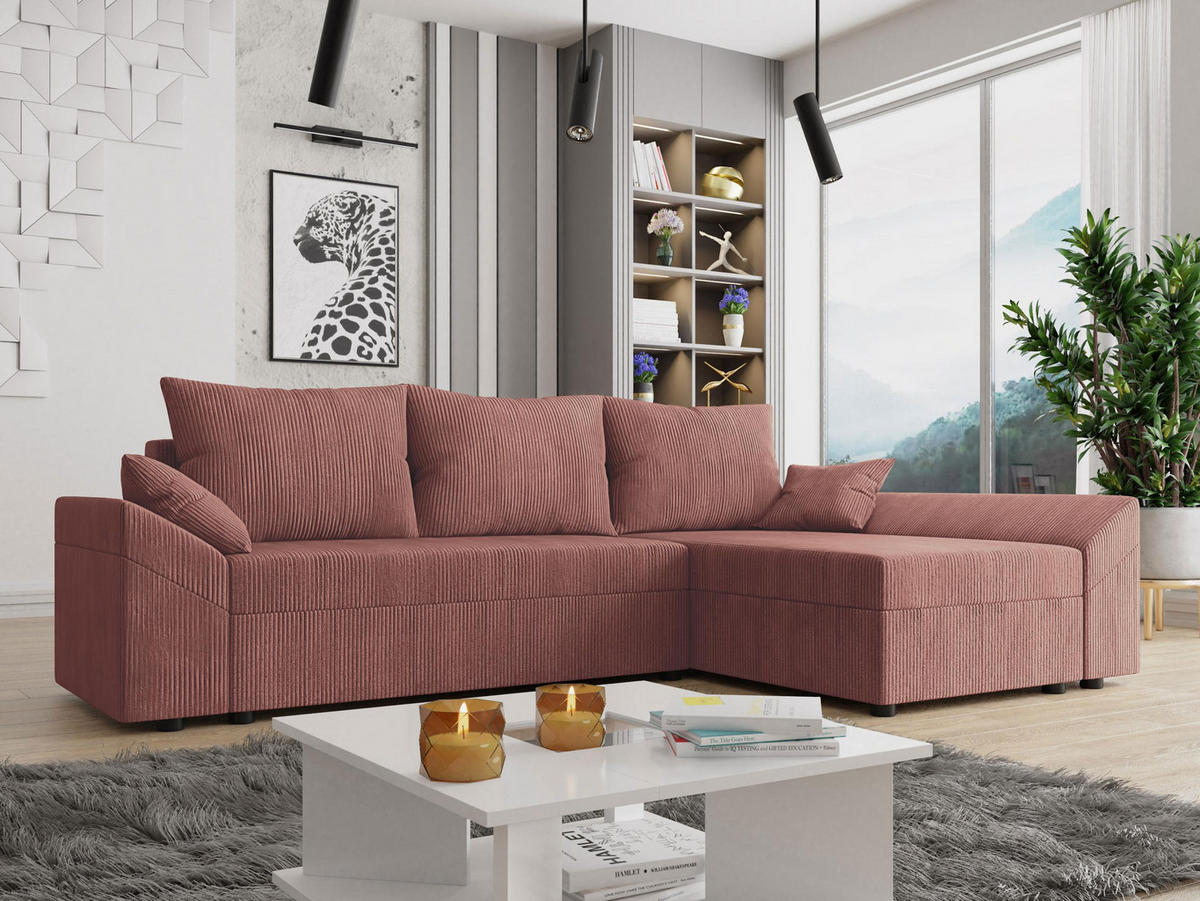 ECKSOFA Dante L Cord - Schwarz/Rosa, Holz/Kunststoff (240/140cm) - MIRJAN24