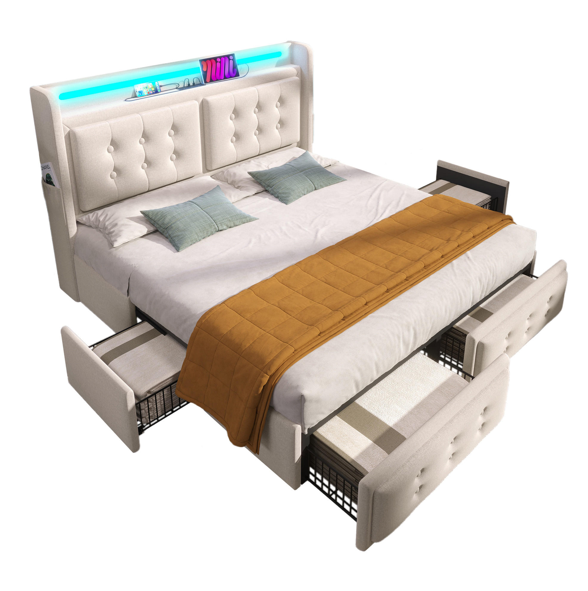 Modfu ČALOUNĚNÁ postel z bavlněno-lněné tkaniny 160x200 cm béžová s LED osvětlením, USB-C a 4 zásuvkami