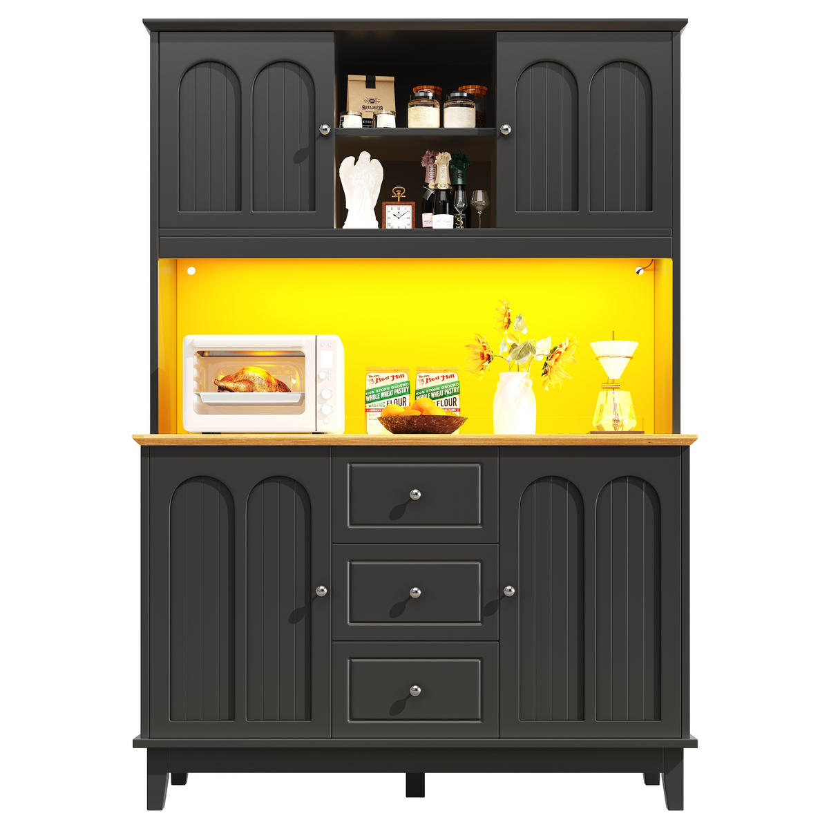 HOCHSCHRANK aus MDF in Holzoptik mit App-LED, 4 Türen und 3 Schubladen, 120/40/180 cm, Holzoptik，Schwarz - Schwarz, Holzwerkstoff (40/180/120cm) - Redom