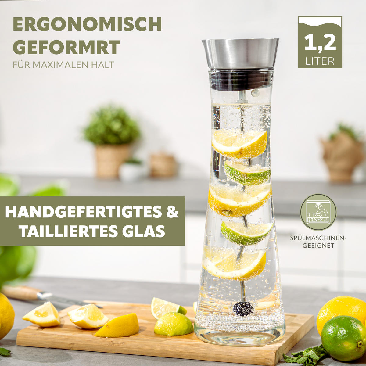 GLASKARAFFE 1,2 Liter, silber - Edelstahlfarben, Glas (1.2L) - bremermann