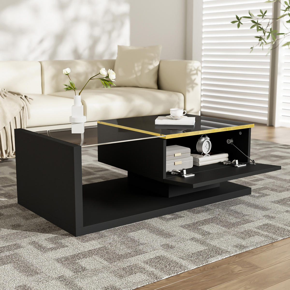 COUCHTISCH 90 cm Hochglanz LED schwarz - Schwarz, Holzwerkstoff (50/90/32.5cm) - LEBENLANG