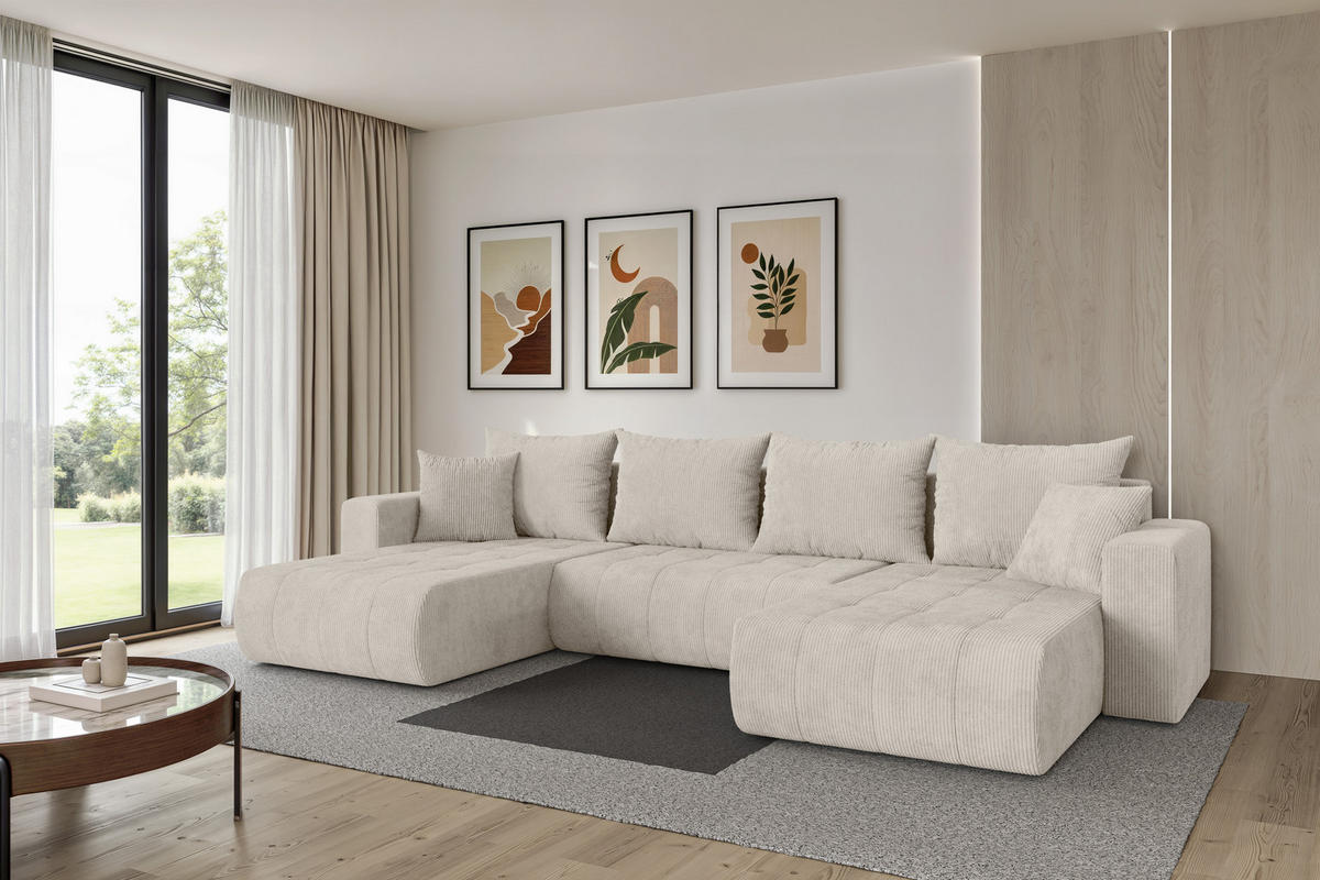 SEDACÍ SOUPRAVA DO U s funkcí spaní a úložným prostorem MILA-U 378x194x86 krémová manšestr - černá/krémová, kompozitní dřevo/textil (378/86/194cm) - ALTDECOR