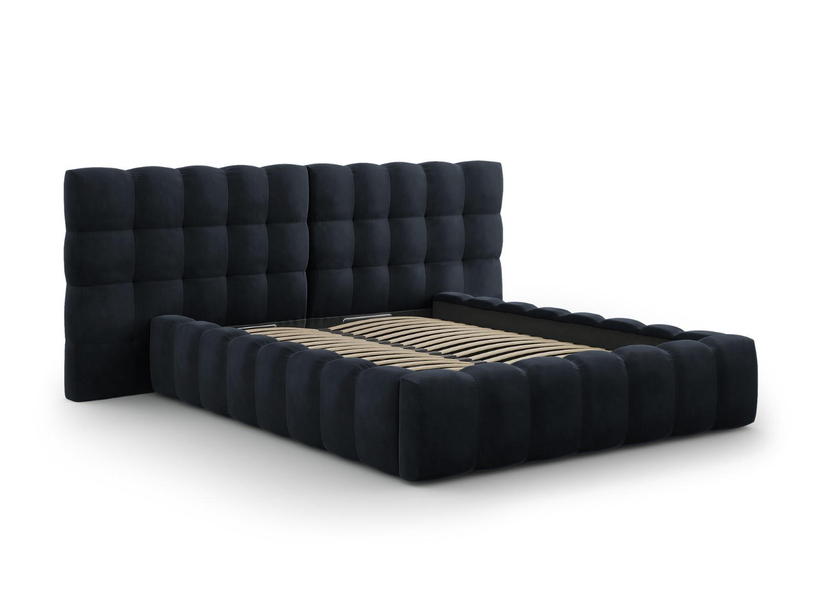 BETT mit Bettkasten und Doppelkopfteil Mamaia aus Samt dunkelblau 140x200cm - Dunkelblau, Textil (140/200cm) - Micadoni