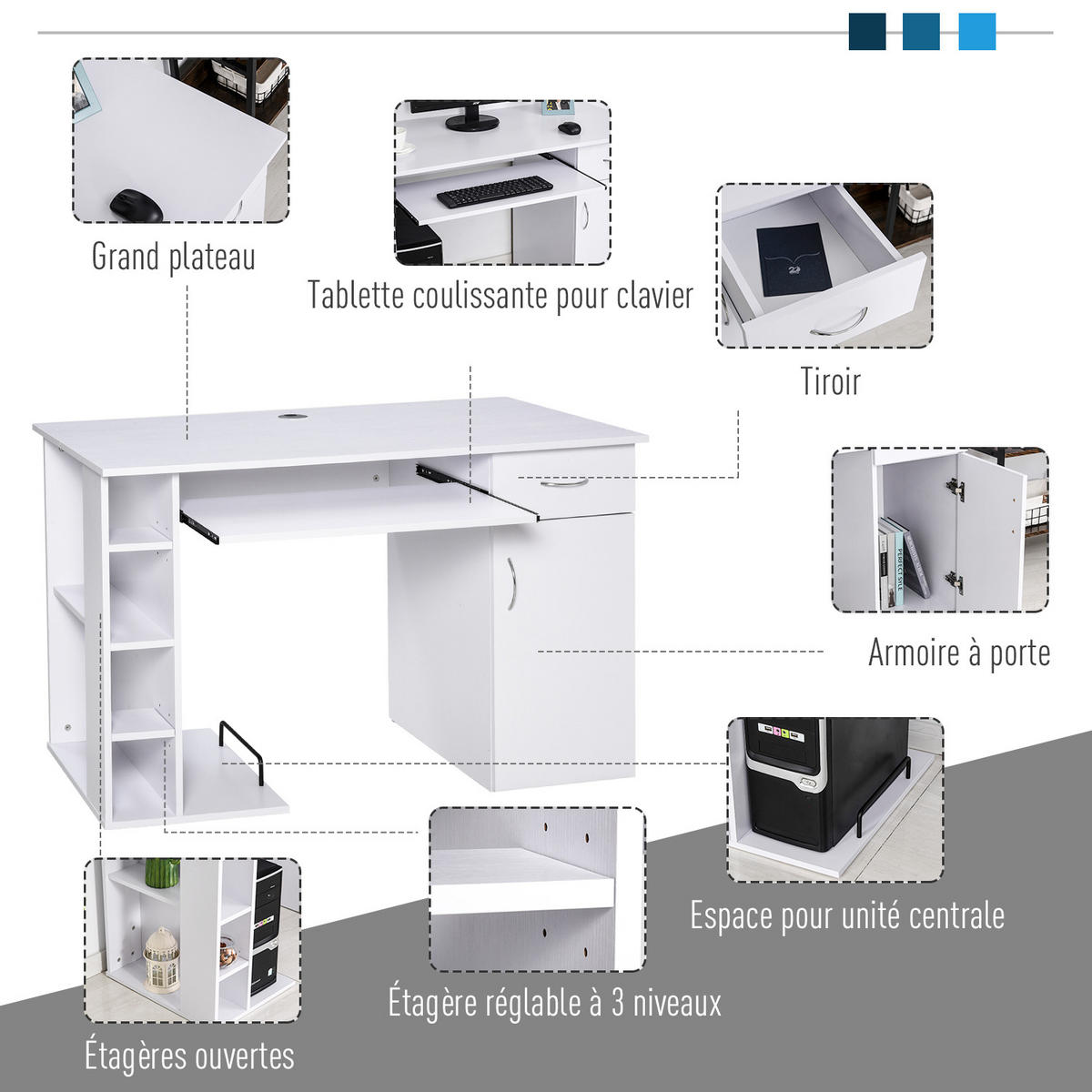SCHREIBTISCH Weiß mit Tastaturauszug Schublade Schrank und Ablagen 120/60/74 cm - Weiß, Holzwerkstoff (60/120/74cm) - PANGIVO