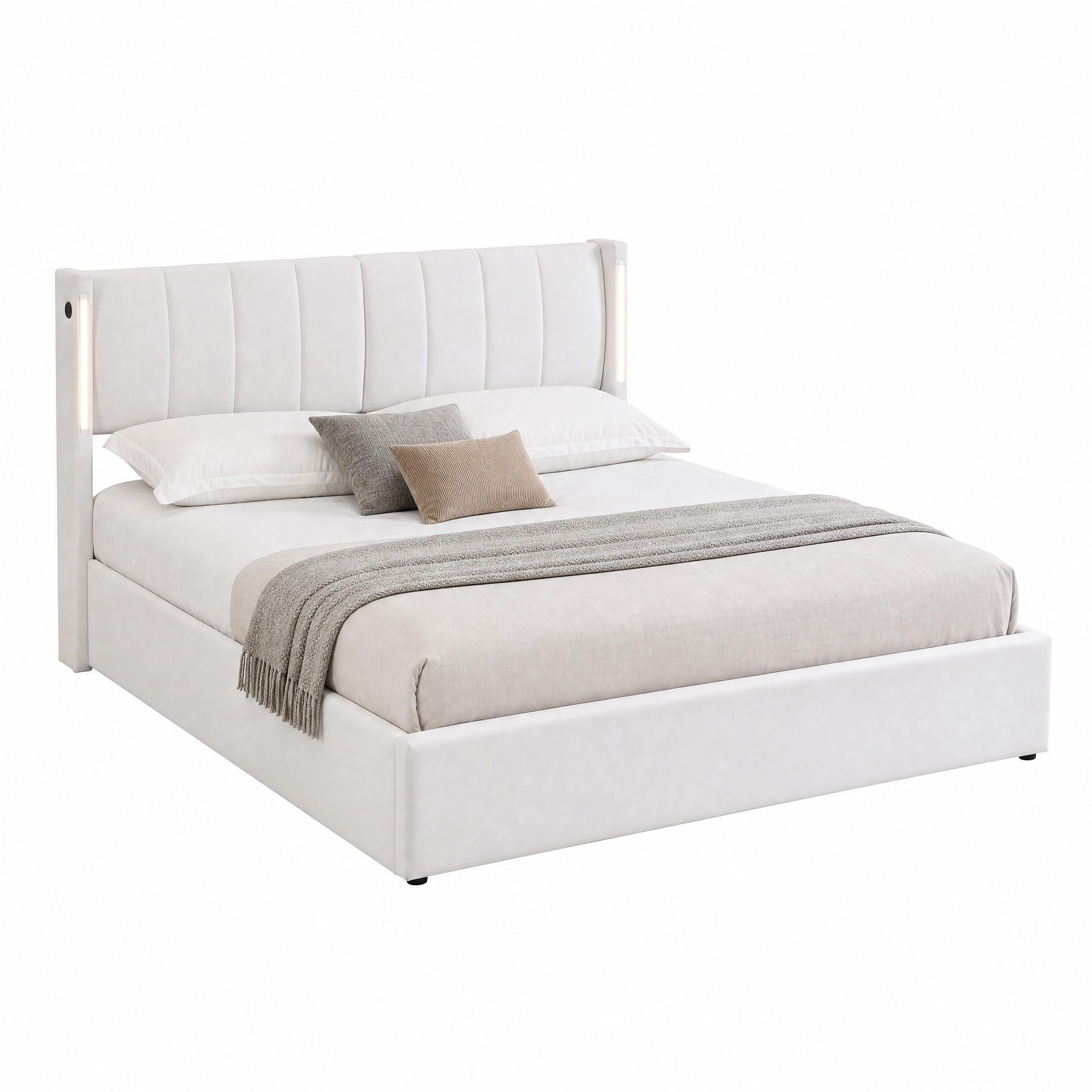 BETT mit Stauraum, LED und USB 180x200 cm PU Weiß - Weiß, Metall (180/200cm) - Meubliv