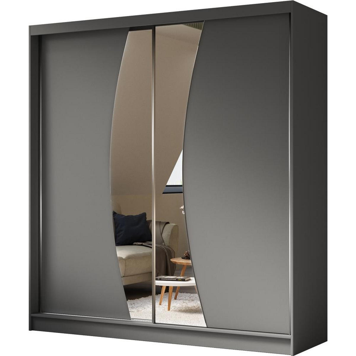 SCHWEBETÜRENSCHRANK Vox 200/216/61 graphit mit Spiegel und Schubladen - Graphitfarben, Holzwerkstoff (200/216/61cm) - Beautysofa