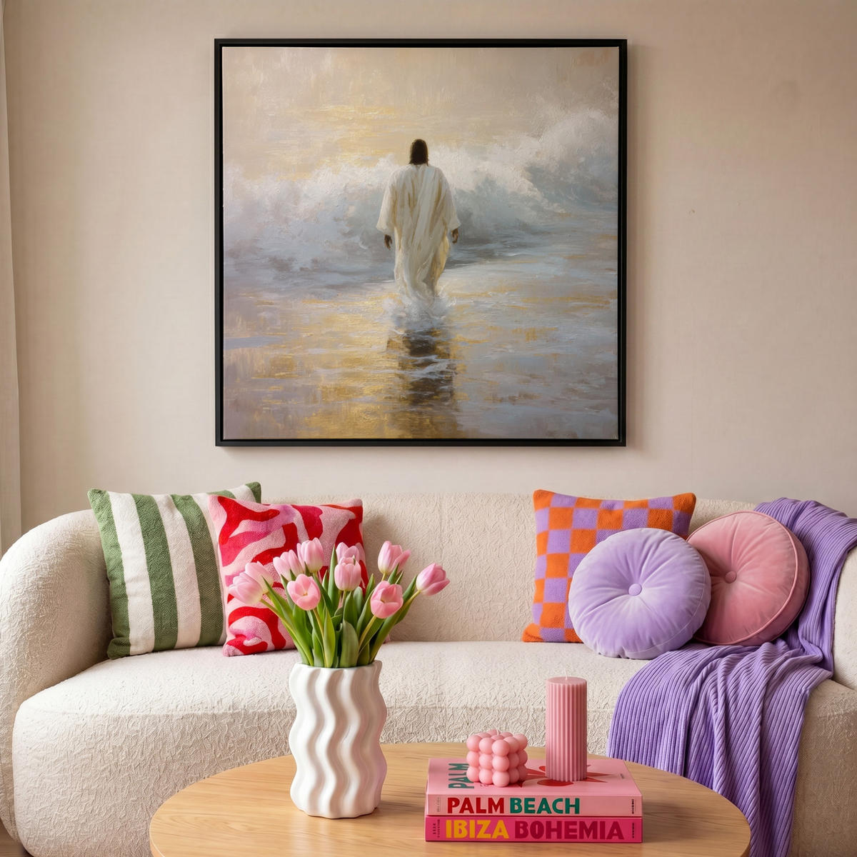 LEINWAND Bilder mit Rahmen - Gemälde - Welle - Jesus - Abstrakt - 90x90 - Goldfarben, Textil (90/90cm) - MuchoWow
