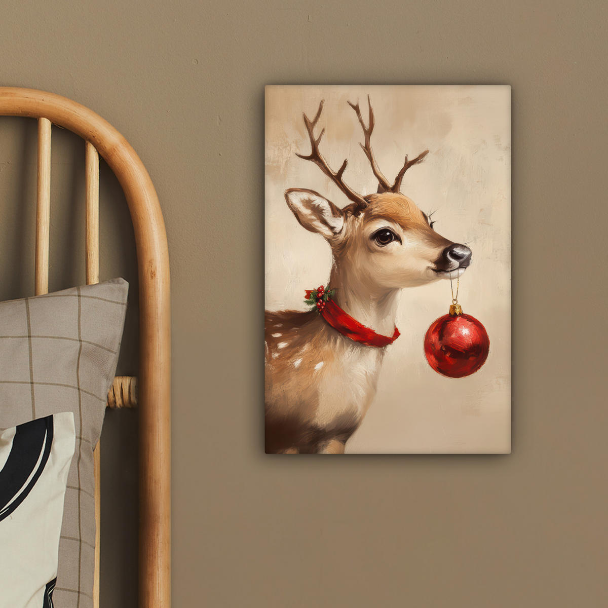 LEINWANDBILD Weihnachten - Hirsch - Geweih - Weihnachtskugel - Rentier 20x30 cm - Hellbraun, Textil (20/30cm) - MuchoWow