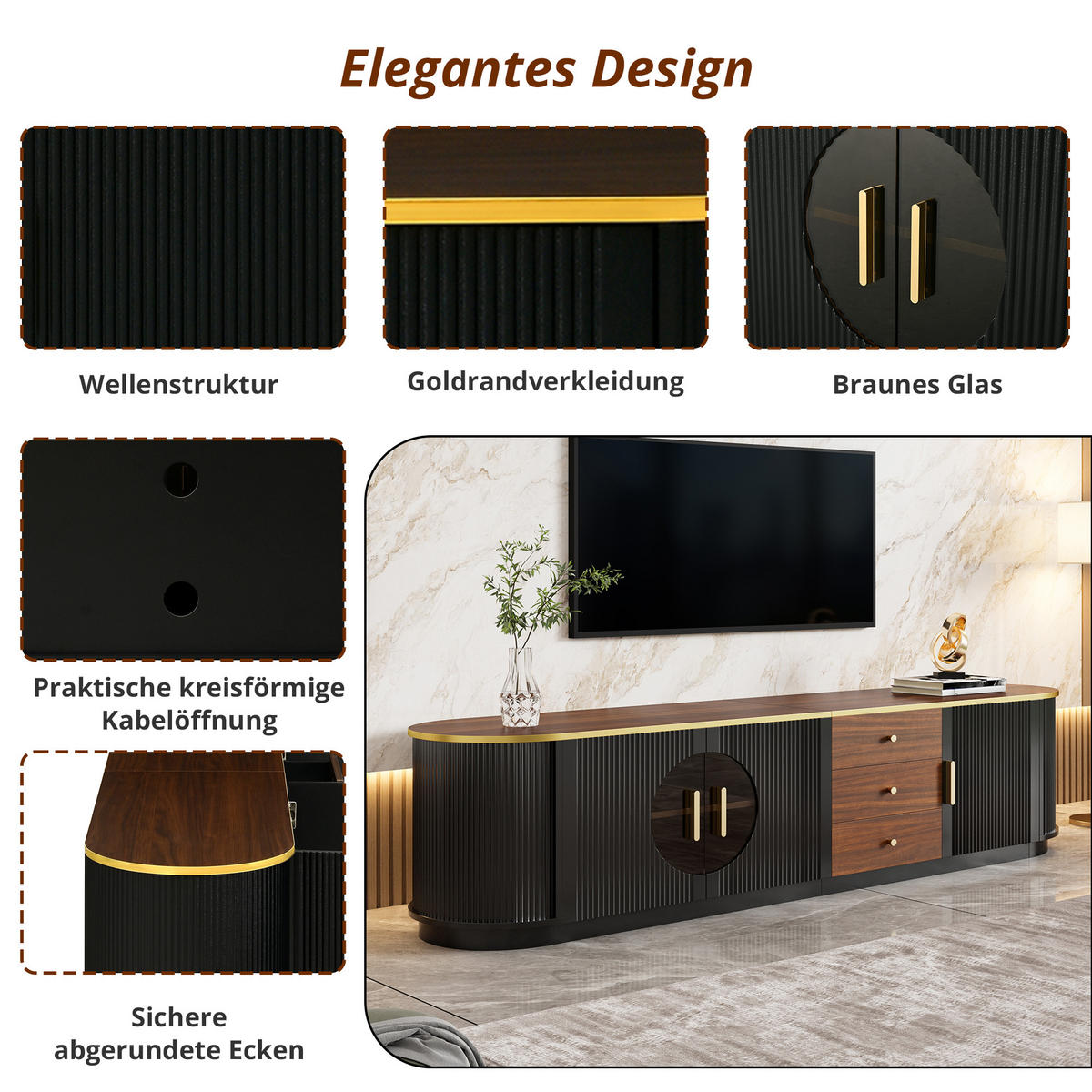 TV-ELEMENT 180/40/46 cm Schwarz mit 3 Schubladen und Aluminiumgriffe - Schwarz, Holz (180/46/40cm) - Oxeza