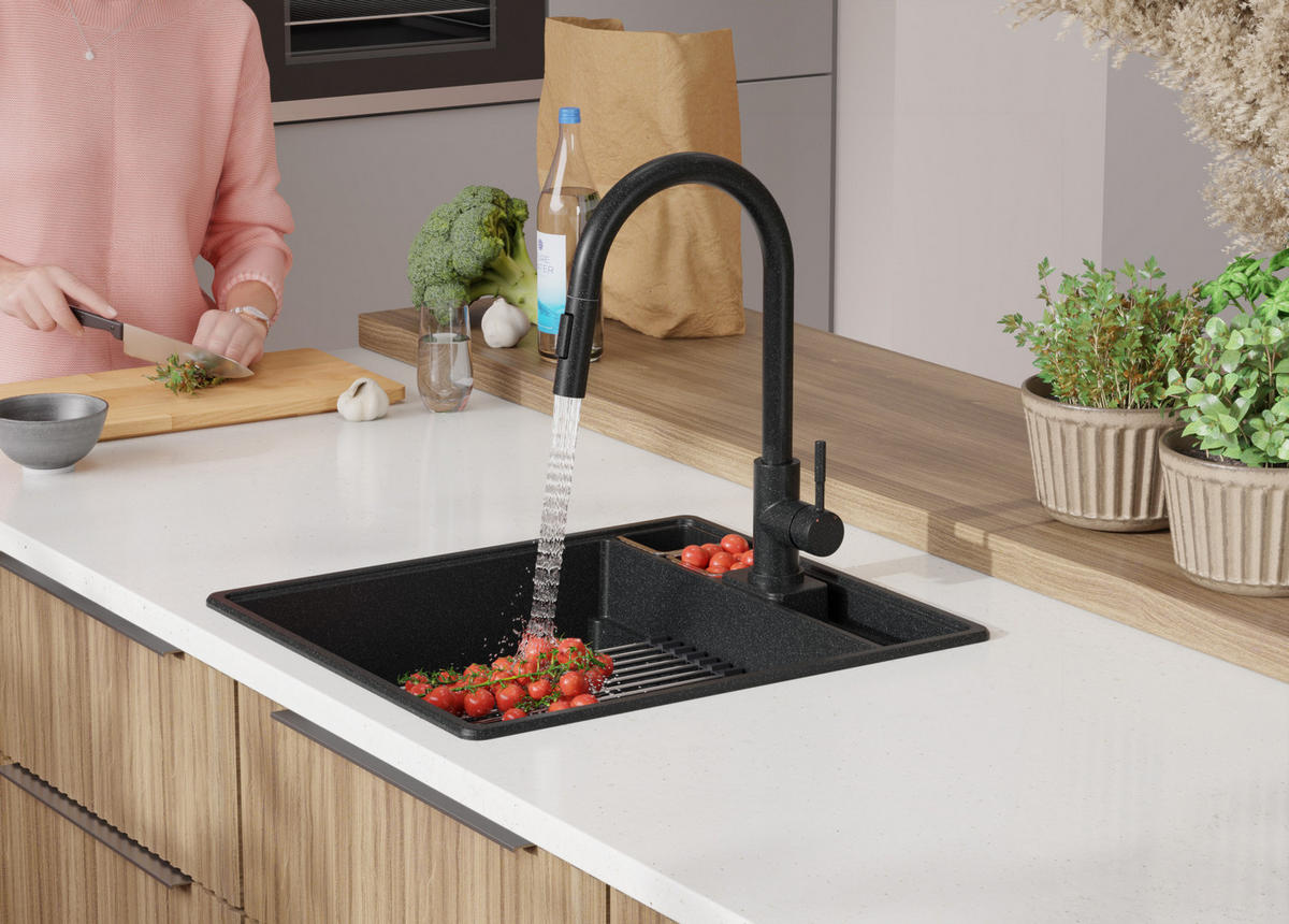 SPÜLBECKEN New York, 2-er set Anthrazit 48/53 cm 1 Becken + Ablauf-Set + Küchenzubehörset ab 50er Unterschrank - Chromfarben/Anthrazit, Kunststoff (48/20/53cm) - Primagran