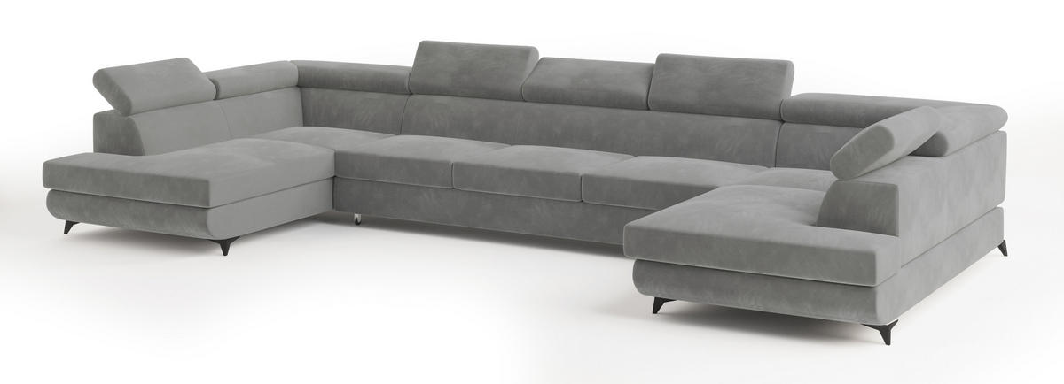 WOHNLANDSCHAFT URMANO Hellgrau Velours-Stoff mit Schlaffunktion - Hellgrau, Holz (395/89/190cm) - MASSENO