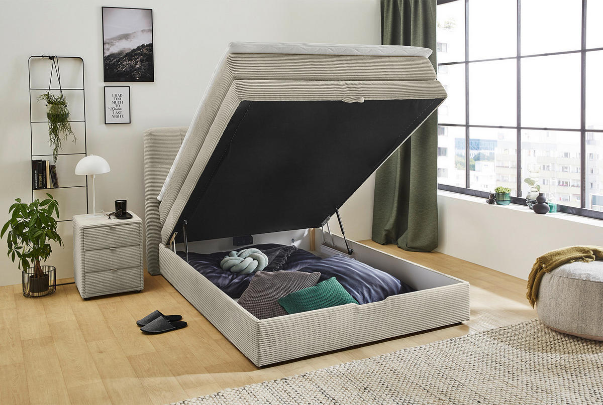 BOXSPRINGBETT 140x200 cm, 7-Zonen-Tonnentaschen-Federkernmatratze H3, Topper, Bonell-Federkern, großer Bettkasten, Cord Beige Grau / 20036 - Greige/Beige, Kunststoff/Textil (140/200cm) - luma-home