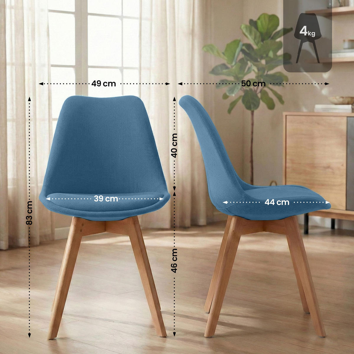STUHL 4er Set Stoff blau - Blau/Eukalyptusholzfarben, Holz/Textil (49/83/50cm) - CLP