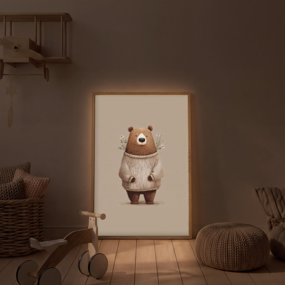 NACHTTISCHLAMPE MIT AKKU Bär - Weiße Blumen - Gemütlich 60x90 cm - Taupe, Holzwerkstoff (8/60/90cm) - OnlyWow