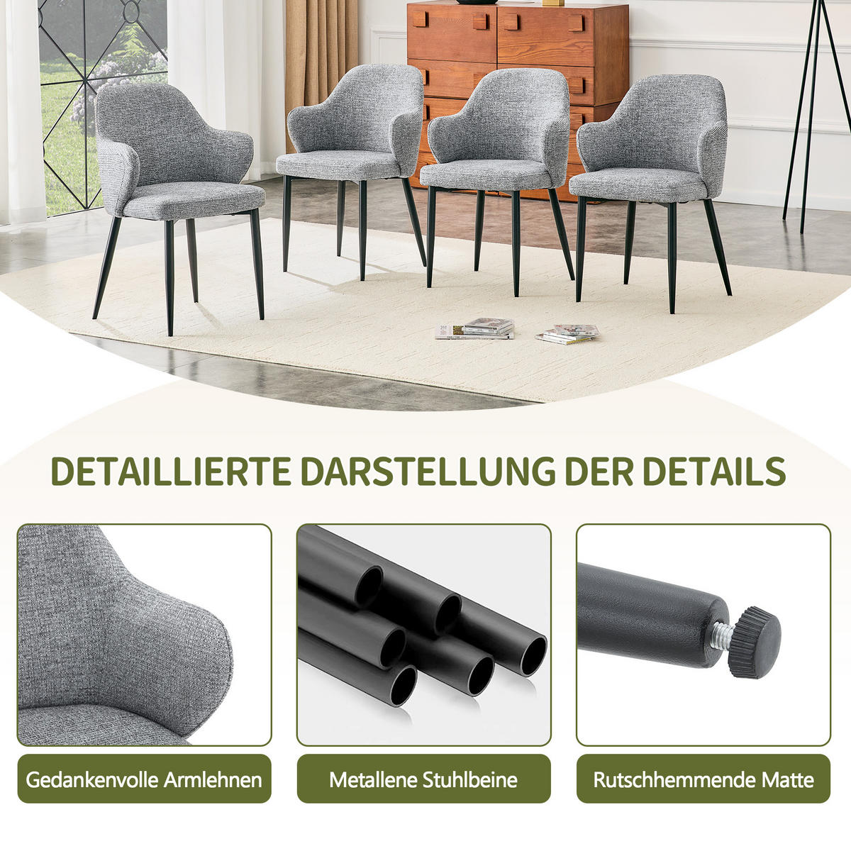 ARMLEHNSTUHL-SET DE-36721 2 Stück mit breiter Rückenlehne Grau - Grau, Metall (56.5/83/53cm) - ComfortXL