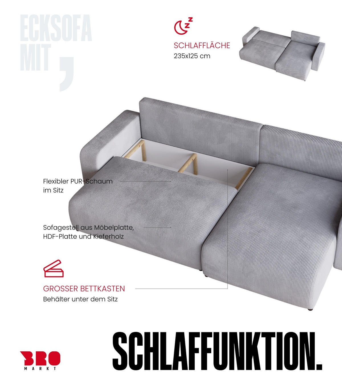 ECKSOFA PUMI XL mit Schlaffunktion Beige Cord - Beige, Textil (274/148cm) - Bromarkt