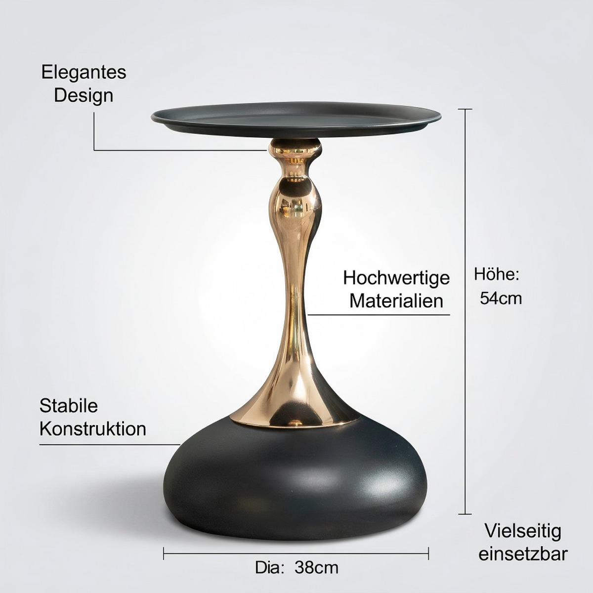 COUCHTISCH Beistelltisch Metall Tray Oberfläche kompakt modern stabil Schwarz Standardgröße Metallgestell - Goldfarben/Schwarz, Metall (38/38/54cm) - EVRYAE