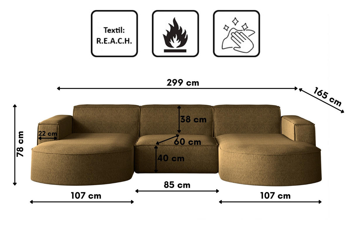 ECKSOFA U-Form MODENA STUDIO Stoff Verita Hellbraun - Hellbraun, Holz (165/299cm) - Kaiser Möbel