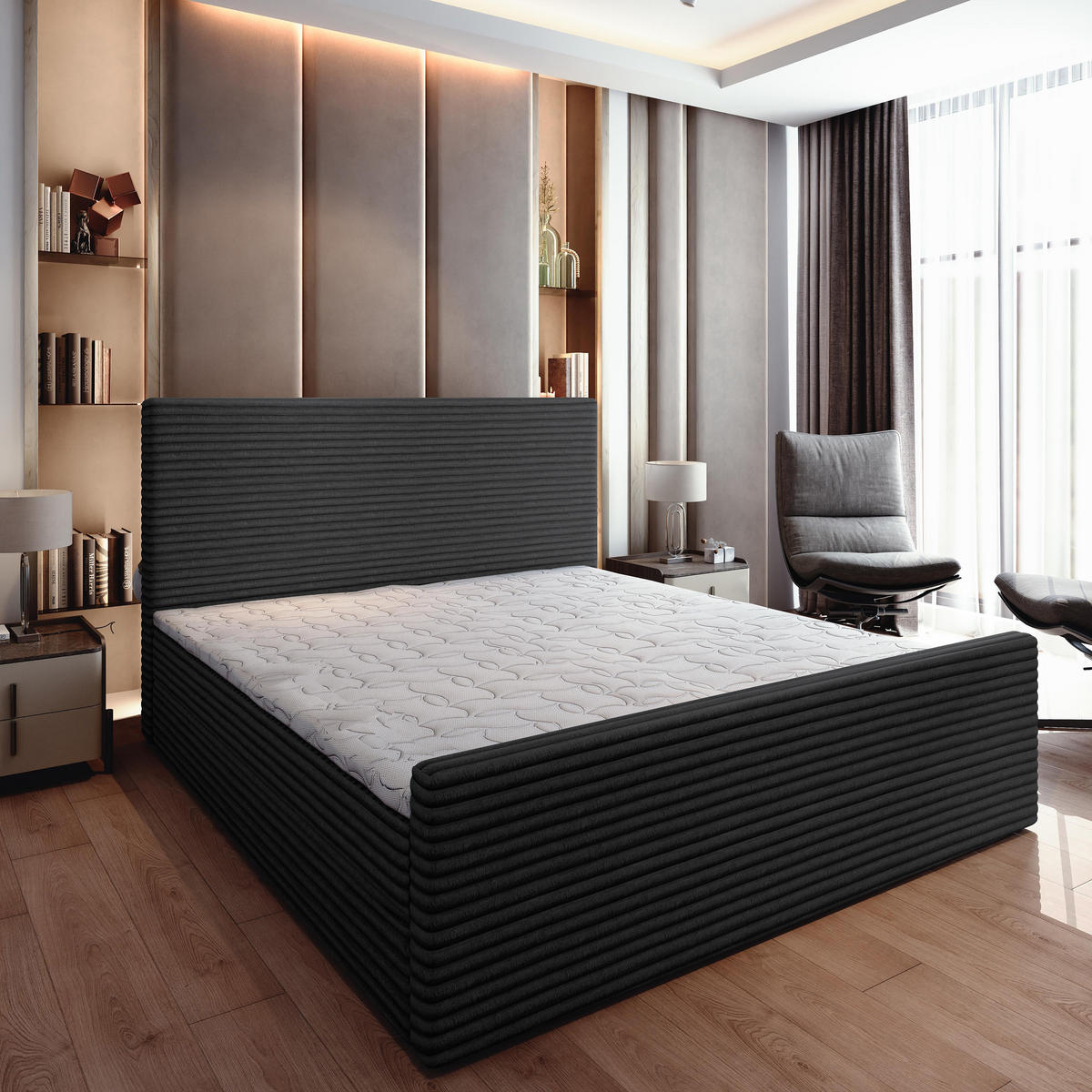 BOXBETT BRENTO 180x200 cm mit Matratze und Topper - Schwarz - Schwarz, Holz (180/200cm) - MASSENO