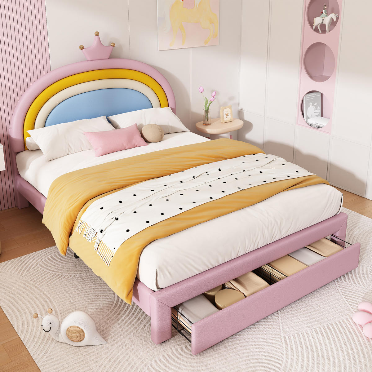 KINDERBETT 140/200 cm mit Regenbogen-Kopfteil und Schublade, DE-41743, in Rosa - Pink, Holz (140/200cm) - ComfortXL