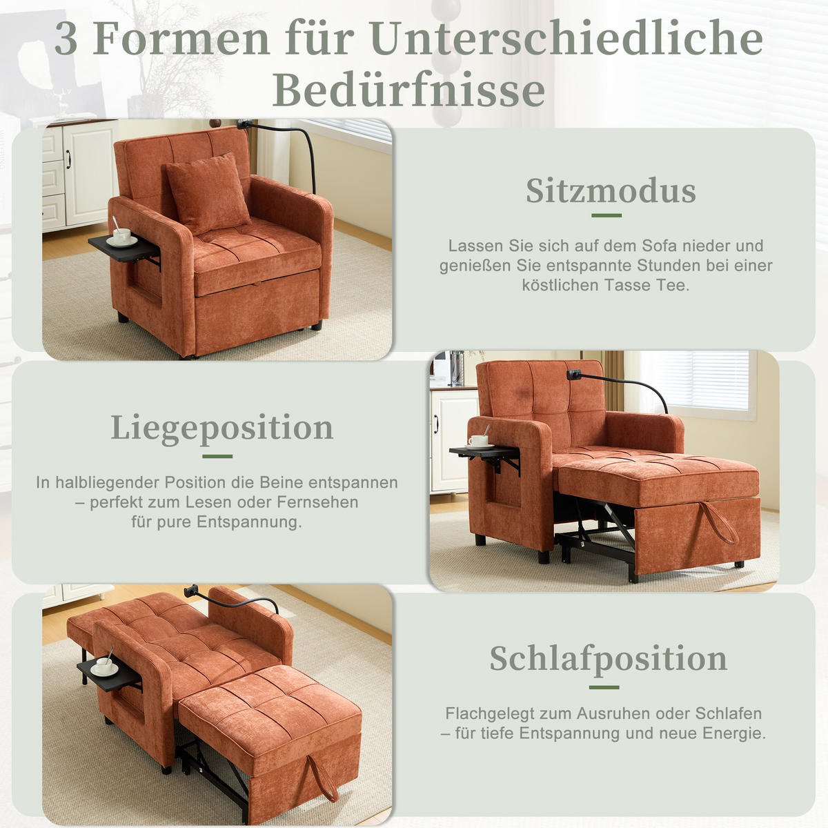 SOFA Chenille Orange mit Kissen, Stauraum und Handyhalterung - Orange, Textil/Metall (79/83/167cm) - WISHDOR